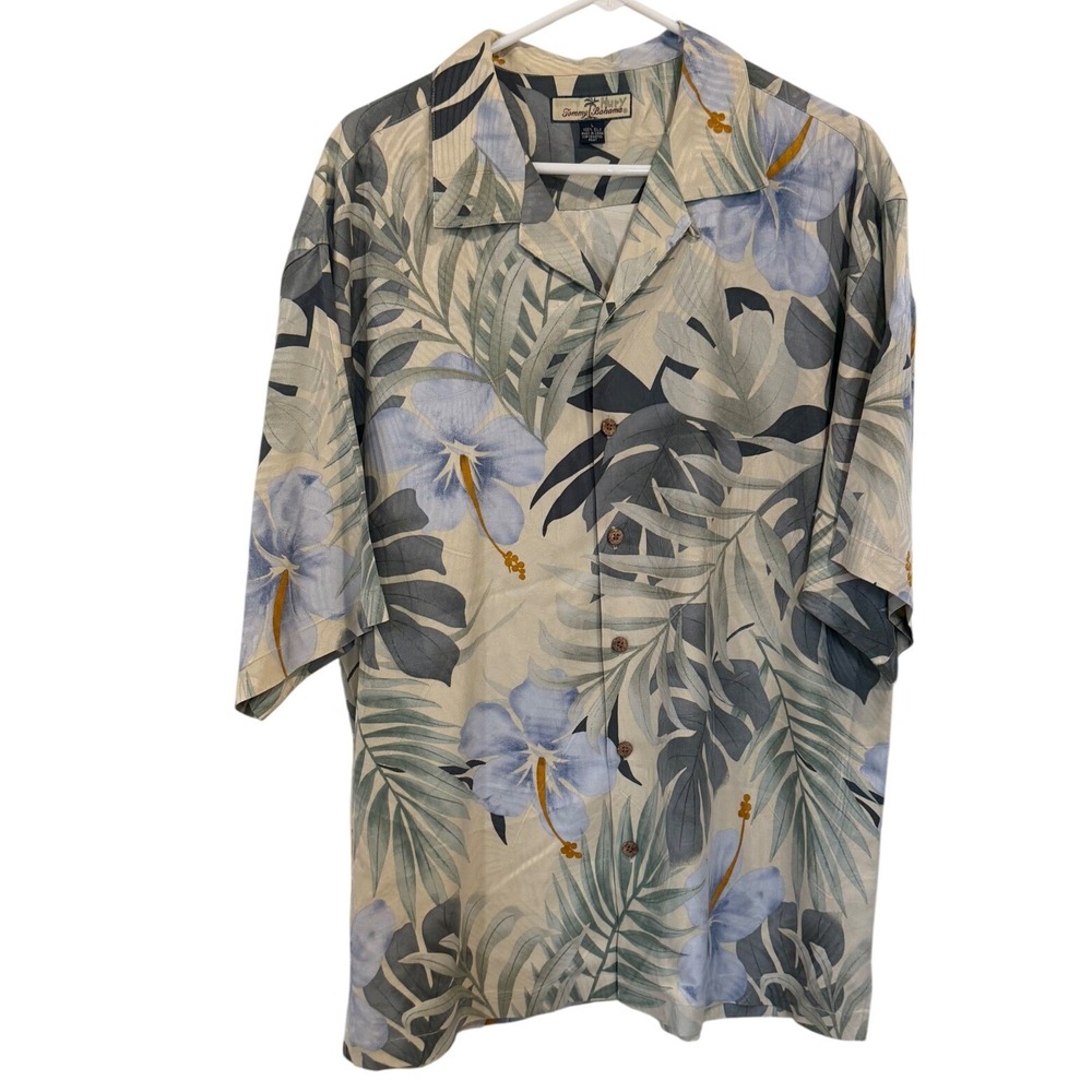 Tommy Bahama Mens Large 100% Silk Floral Hibiscus Tropical Camp Shirt Tan Blue